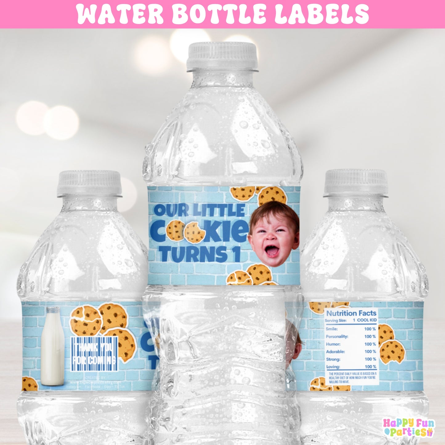 Personalized Cookies & Milk Water Bottle Labels | Custom Blue Cookie Party Stickers