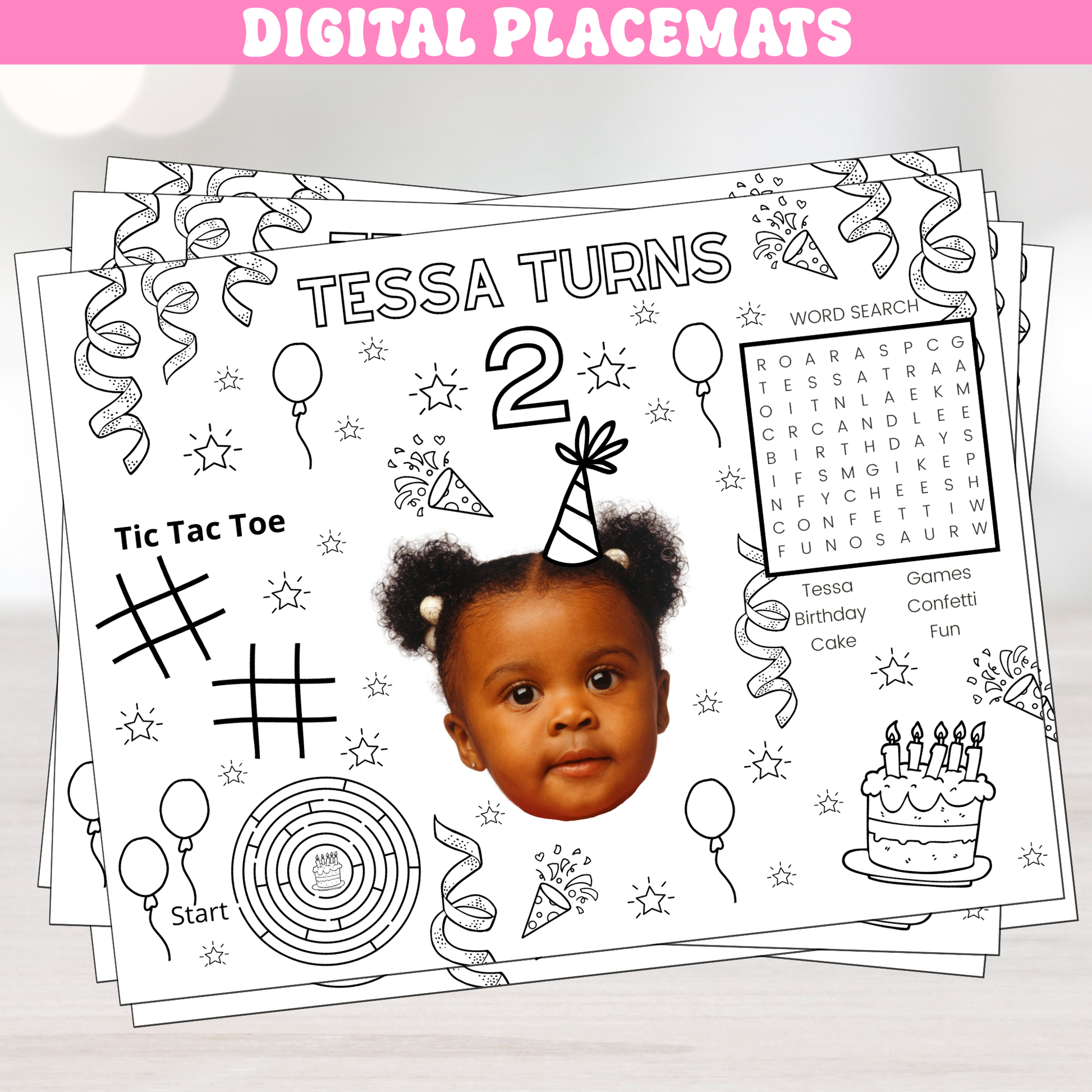 Personalized activity color placemats available for digital download. Customized with photo name and age, this placemat also includes a mini games maze, word search, and fun illustrations. As an added bonus, the name is also included in the Word Search.