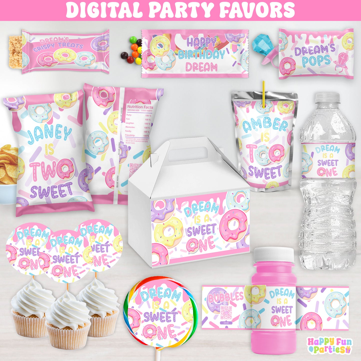 Personalized Donut Digital Party Favors | Custom Printable Birthday Decorations