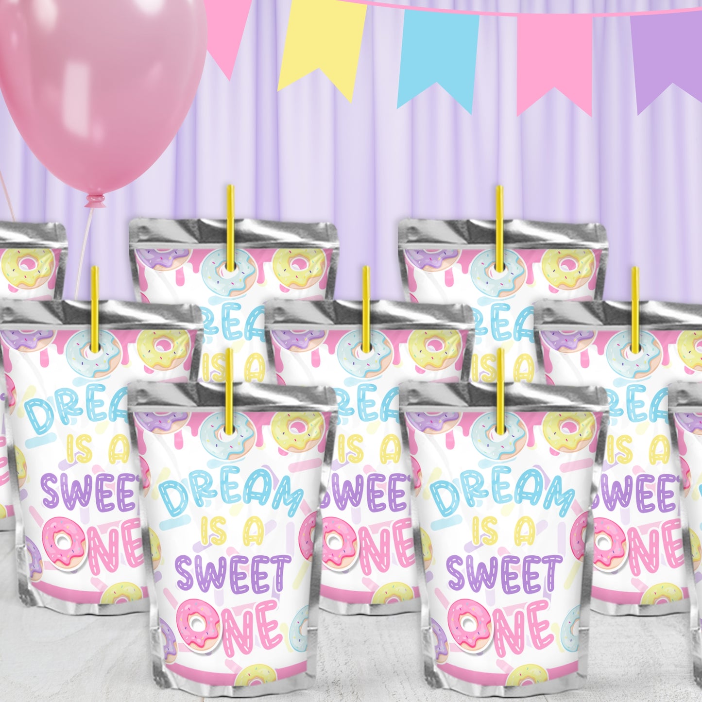 Custom Donut Juice Pouch Stickers | Personalized Party Drink Labels for Kids