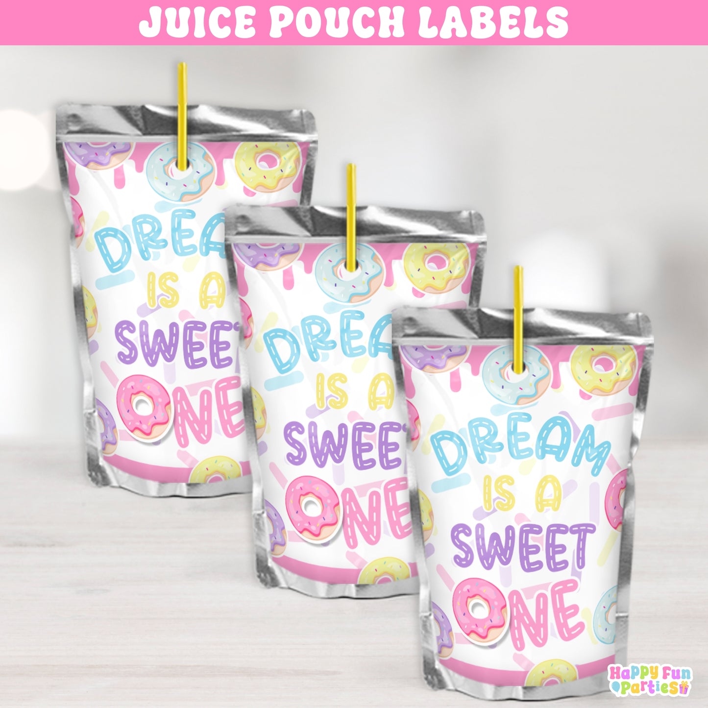 Custom Donut Juice Pouch Stickers | Personalized Party Drink Labels for Kids