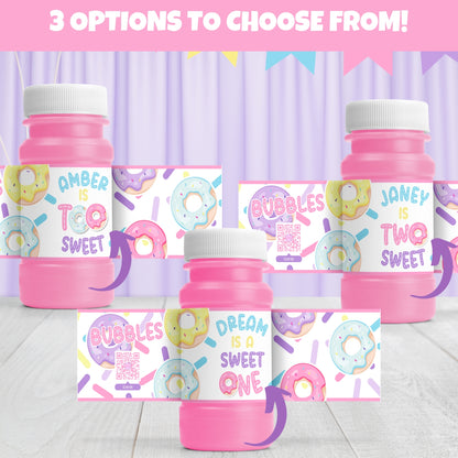 Personalized Donut Bubble Bottle Labels | Custom Party Favor Stickers for Kids