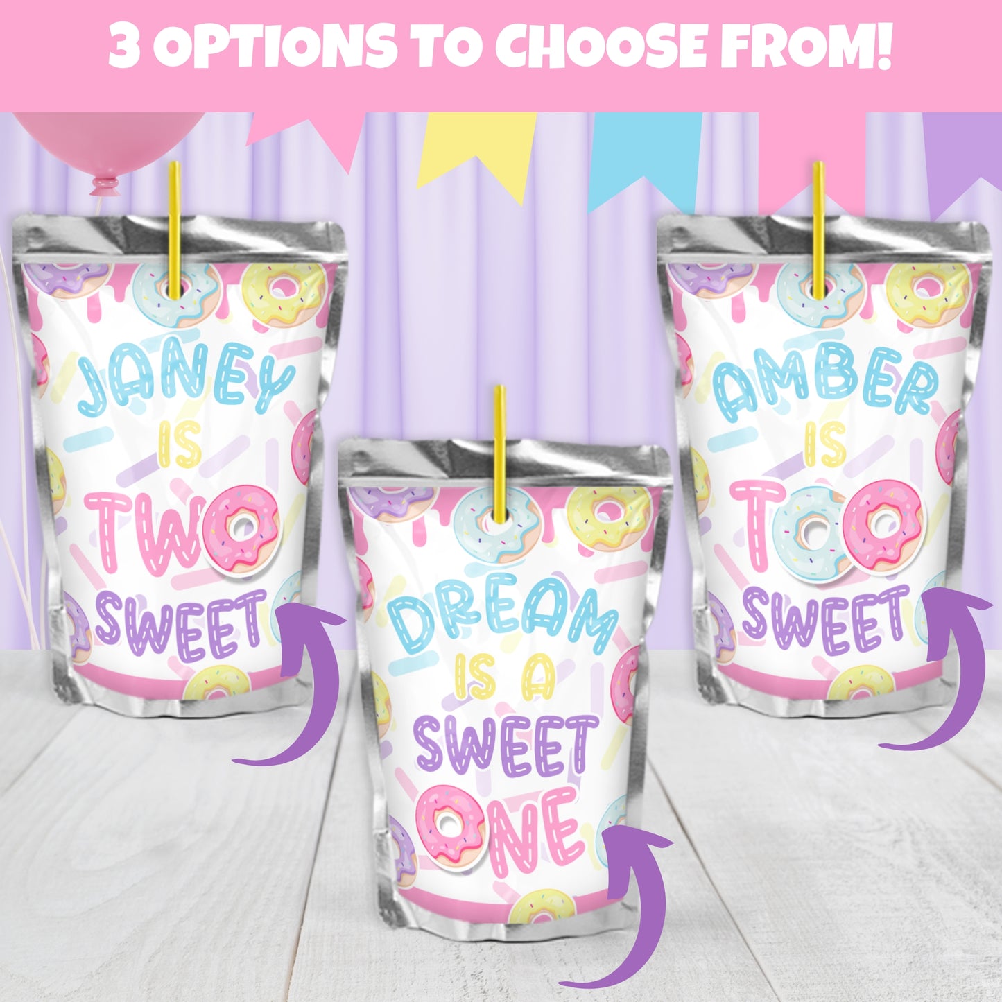 Custom Donut Juice Pouch Stickers | Personalized Party Drink Labels for Kids