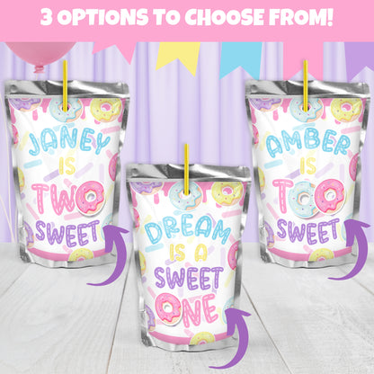 Custom Donut Juice Pouch Stickers | Personalized Party Drink Labels for Kids