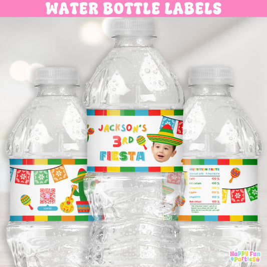 Fiesta Water Bottle Labels | Personalized Fiesta Birthday Drink Wraps