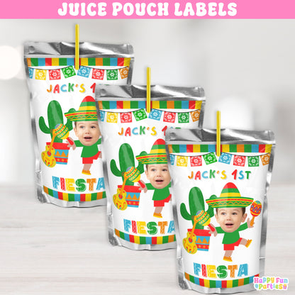 Fiesta Juice Pouch Labels | Personalized Fiesta Birthday Drink Stickers