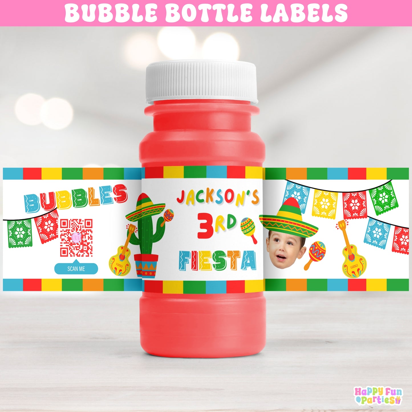 Fiesta Bubble Bottle Labels | Personalized Fiesta Birthday Bubble Favors