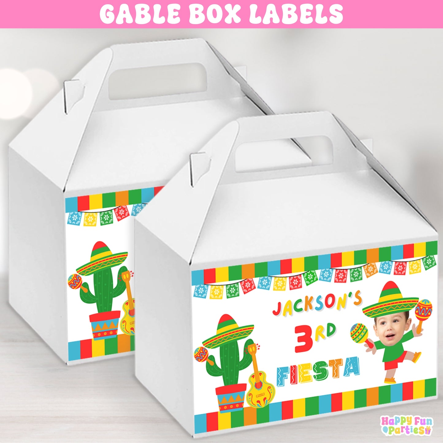 Fiesta Party Gable Box Labels | Personalized Fiesta Birthday Favor Boxes