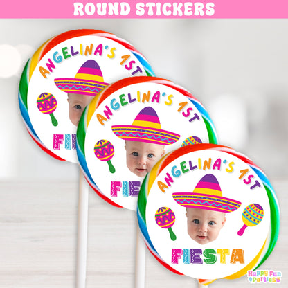 Fiesta Round Stickers | Personalized Fiesta Birthday Labels for Girls