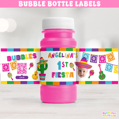 Personalized Fiesta Birthday Bubble Bottle Labels | Cinco De Mayo Party Favors for Girls