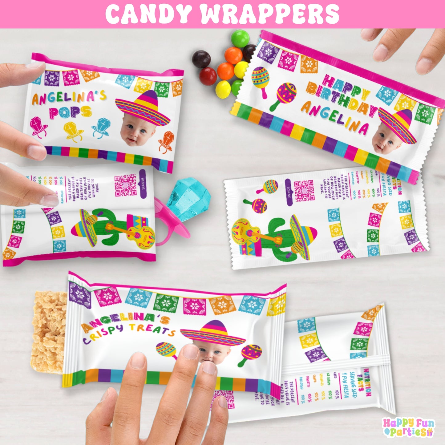 Fiesta Candy Wrappers | Personalized Fiesta Birthday Party Favor Stickers for Girls