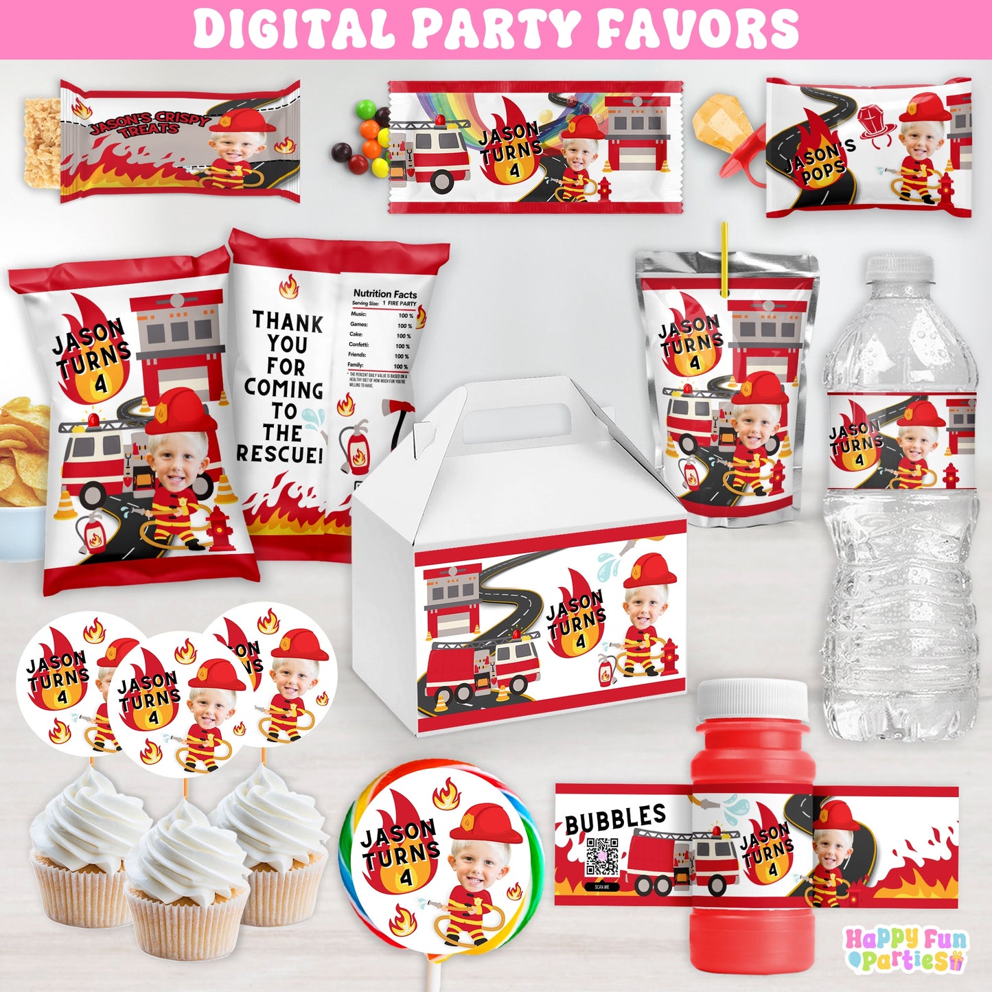 Personalized Firefighter Party Decorations | Fireman Party Supplies | Firetruck Party Favors | Digital Download