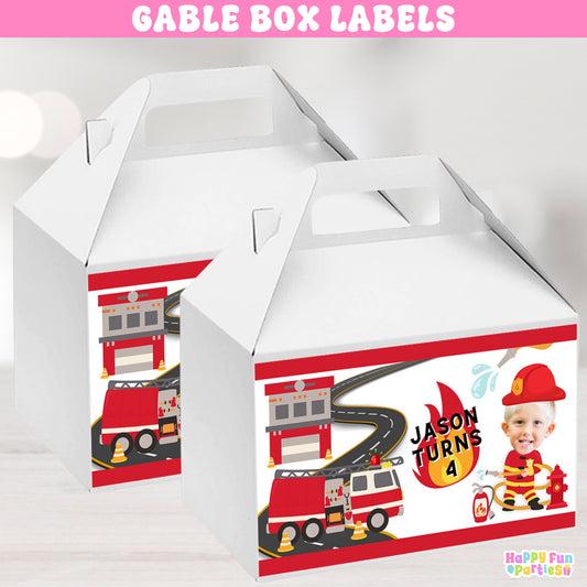 Custom Firefighter Gable Box Stickers | Firetruck Party Favors