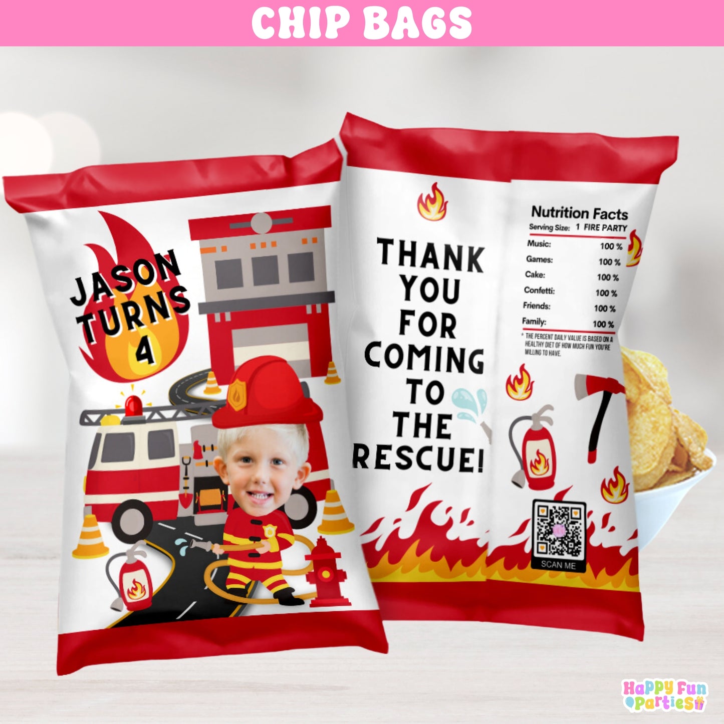 Custom Firefighter Chip Bags | Personalized Fireman Party Favors