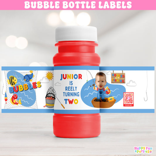 Personalized Fishing Bubble Bottle Labels | Outdoor Adventure Party Stickers