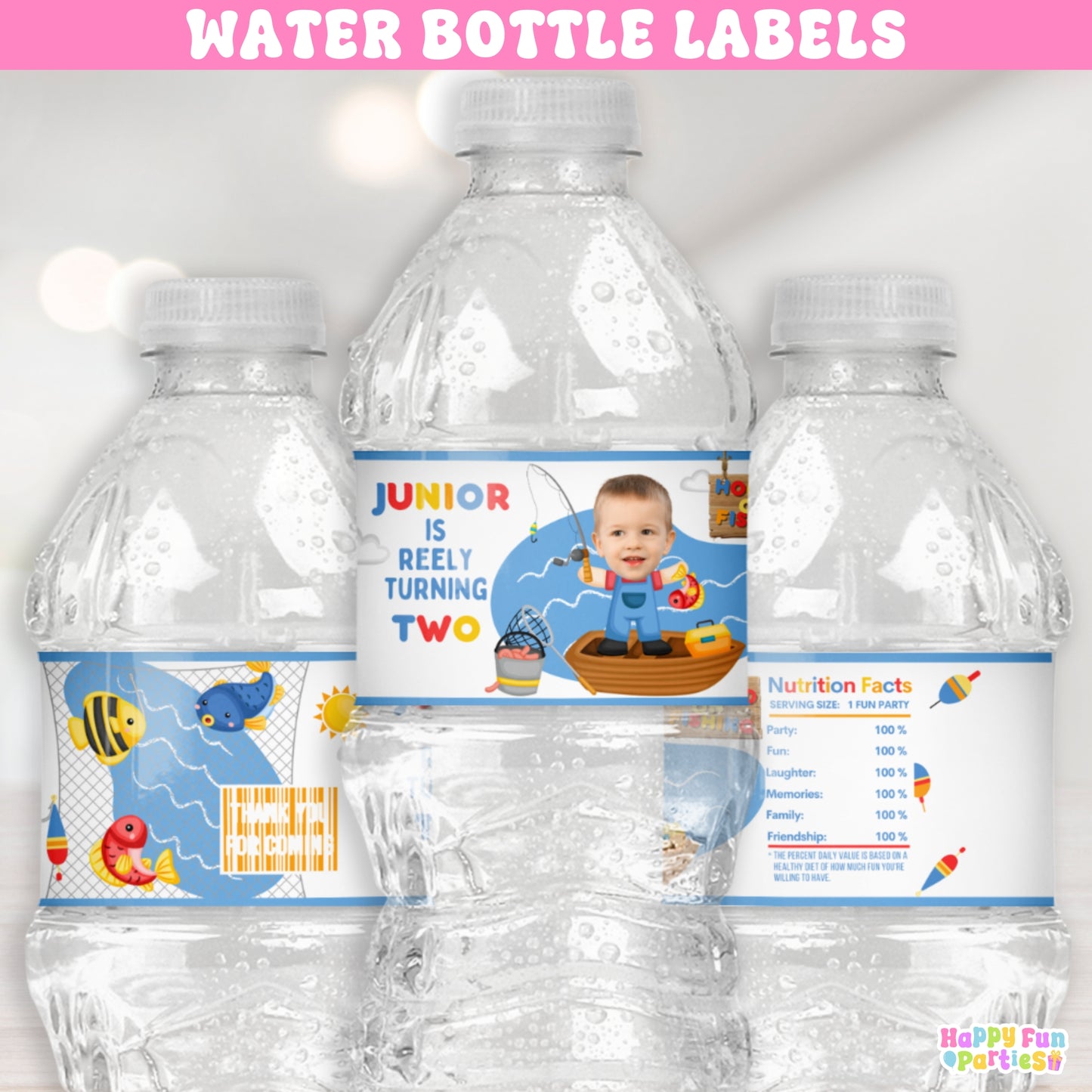 Hooked on Fishing Water Bottle Labels | Personalized Outdoor Party Stickers