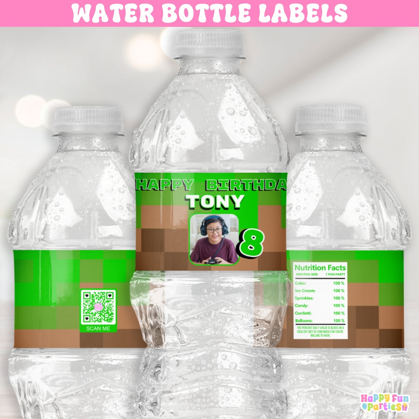 Block Builder Water Bottle Labels | Personalized Pixel Party Stickers