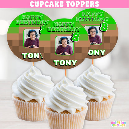 Pixel Adventure Cupcake Toppers | Personalized Gamer Party Decorations