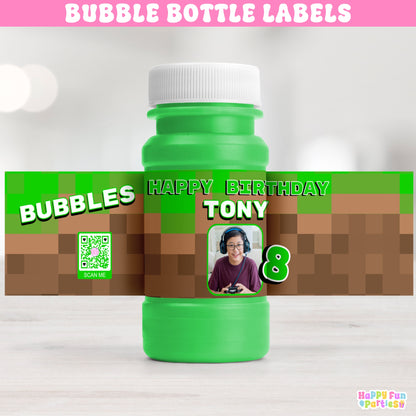 Personalized Pixel Bubble Bottle Labels | Gamer Party Stickers