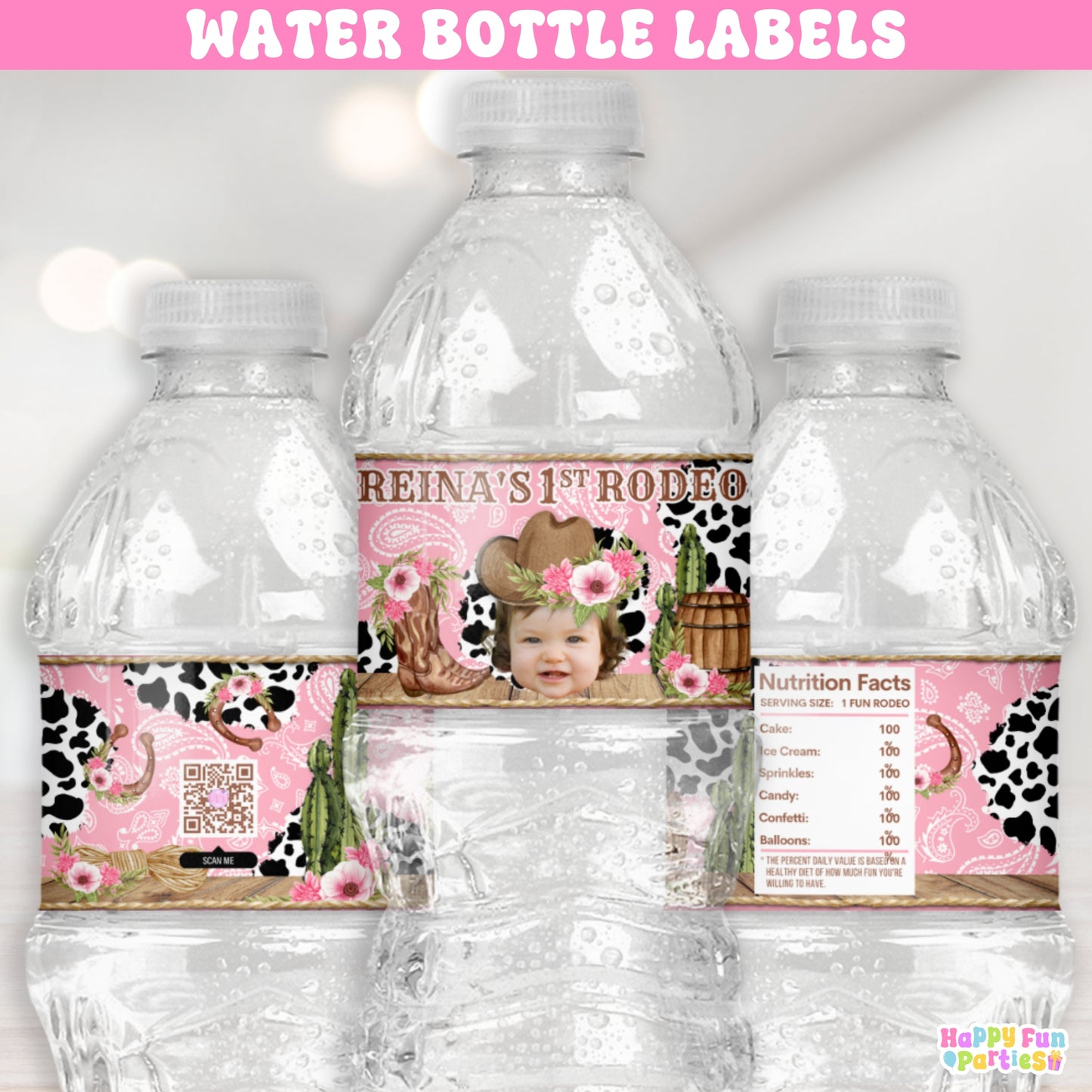 Girls Western Rodeo Birthday Water Bottle Label Stickers