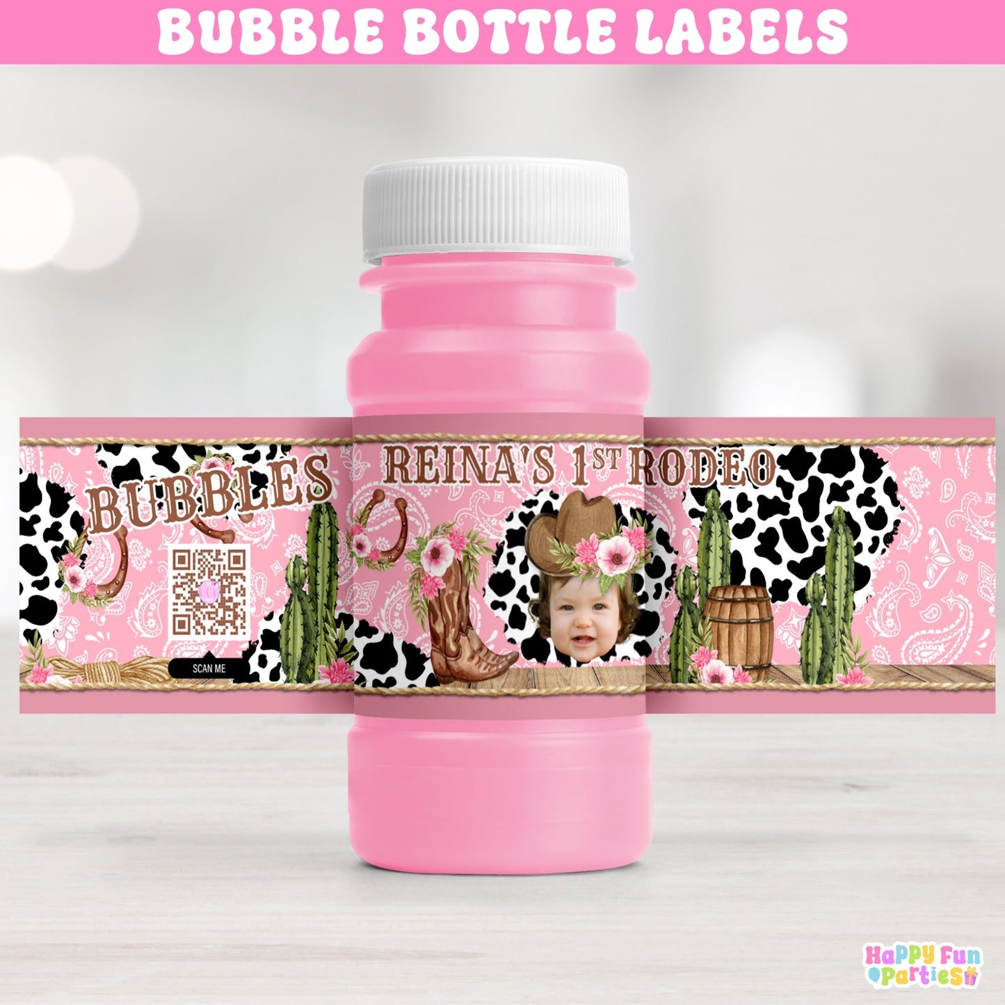 Personalized Pink Western Rodeo Bubble Bottle Labels