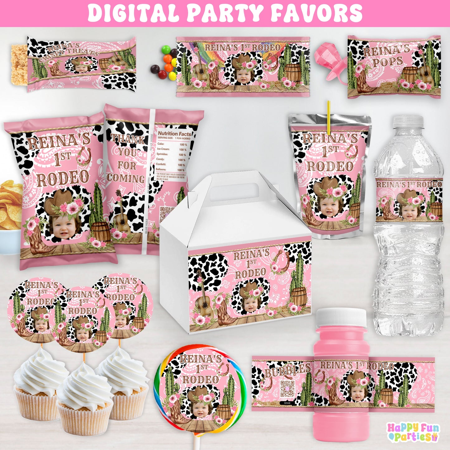 Personalized Pink Cowgirl Party Favors | Western Rodeo Birthday | Cow Print Supplies | Digital Download