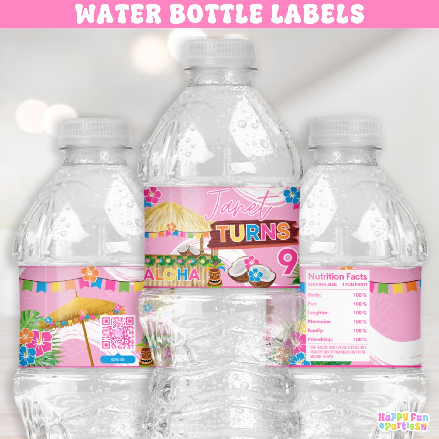 Custom Hawaiian Water Bottle Labels | Tropical Luau Party Favors