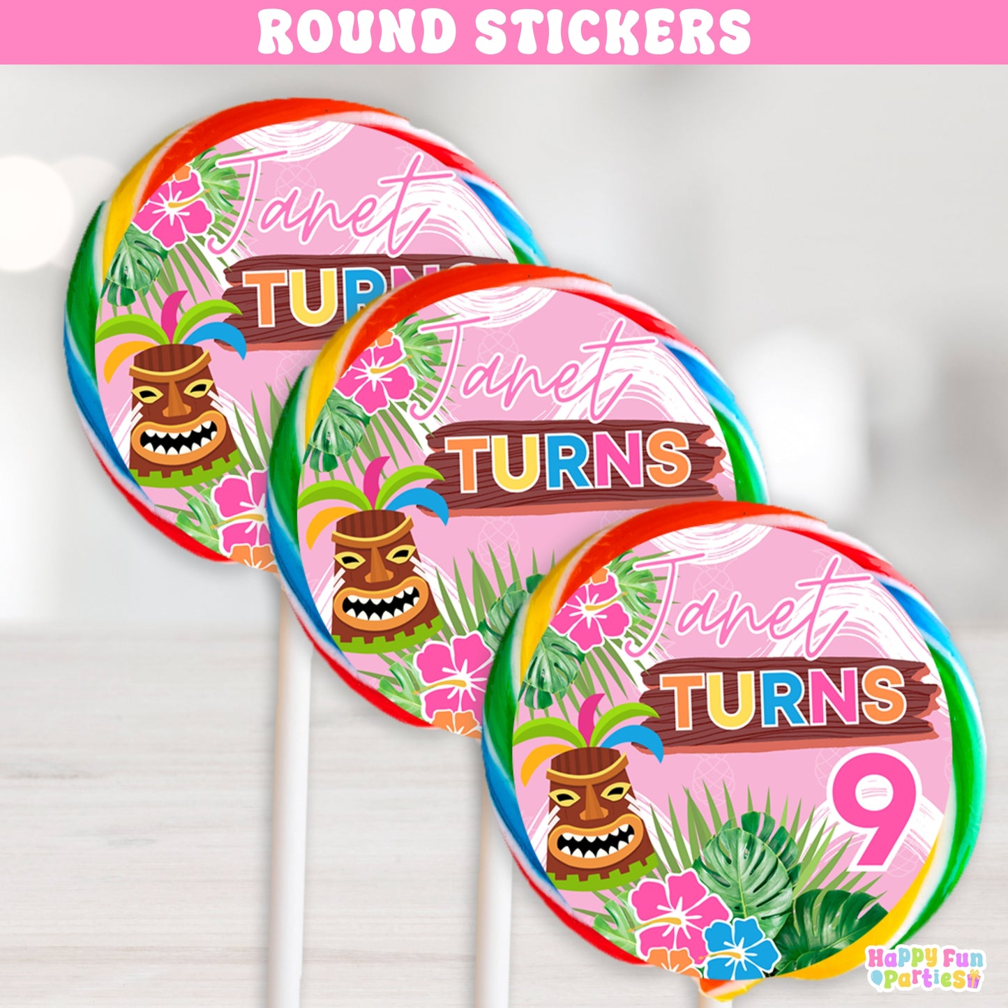 Personalized Hawaiian Luau Lollipop Stickers | Tropical Party Favors