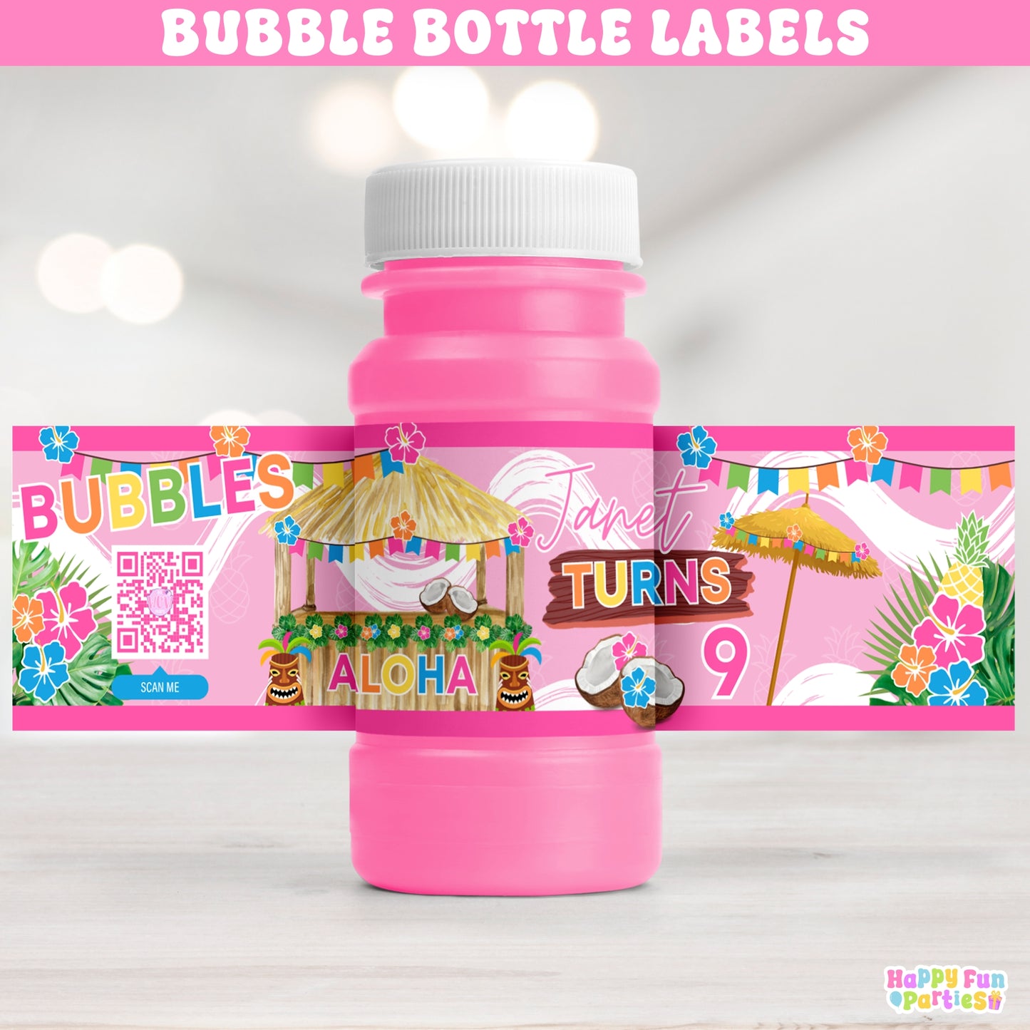 Custom Hawaiian Bubble Bottle Labels | Luau Party Favor Stickers