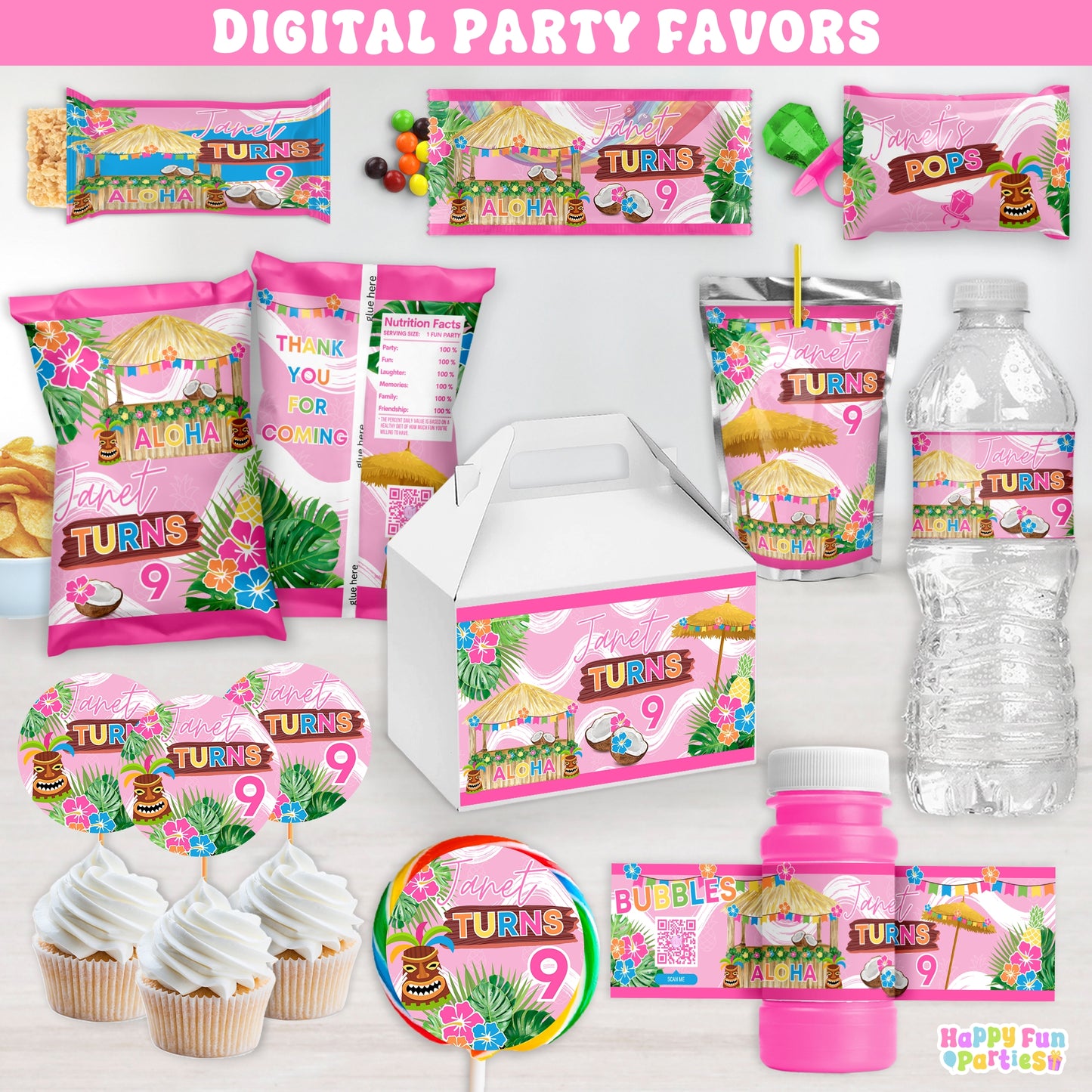 Personalized Hawaiian Luau Party Favors & Decorations | Custom Tropical Birthday Party Supplies | Digital Download