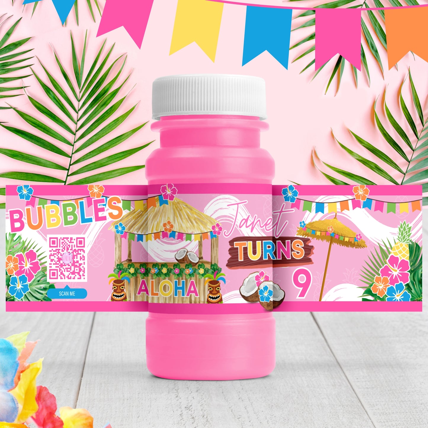 Custom Hawaiian Bubble Bottle Labels | Luau Party Favor Stickers