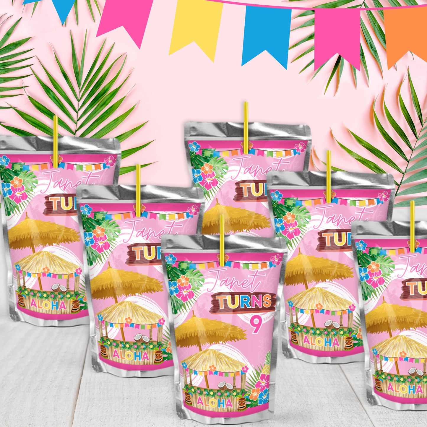 Custom Hawaiian Juice Pouch Labels | Tropical Luau Party Favors