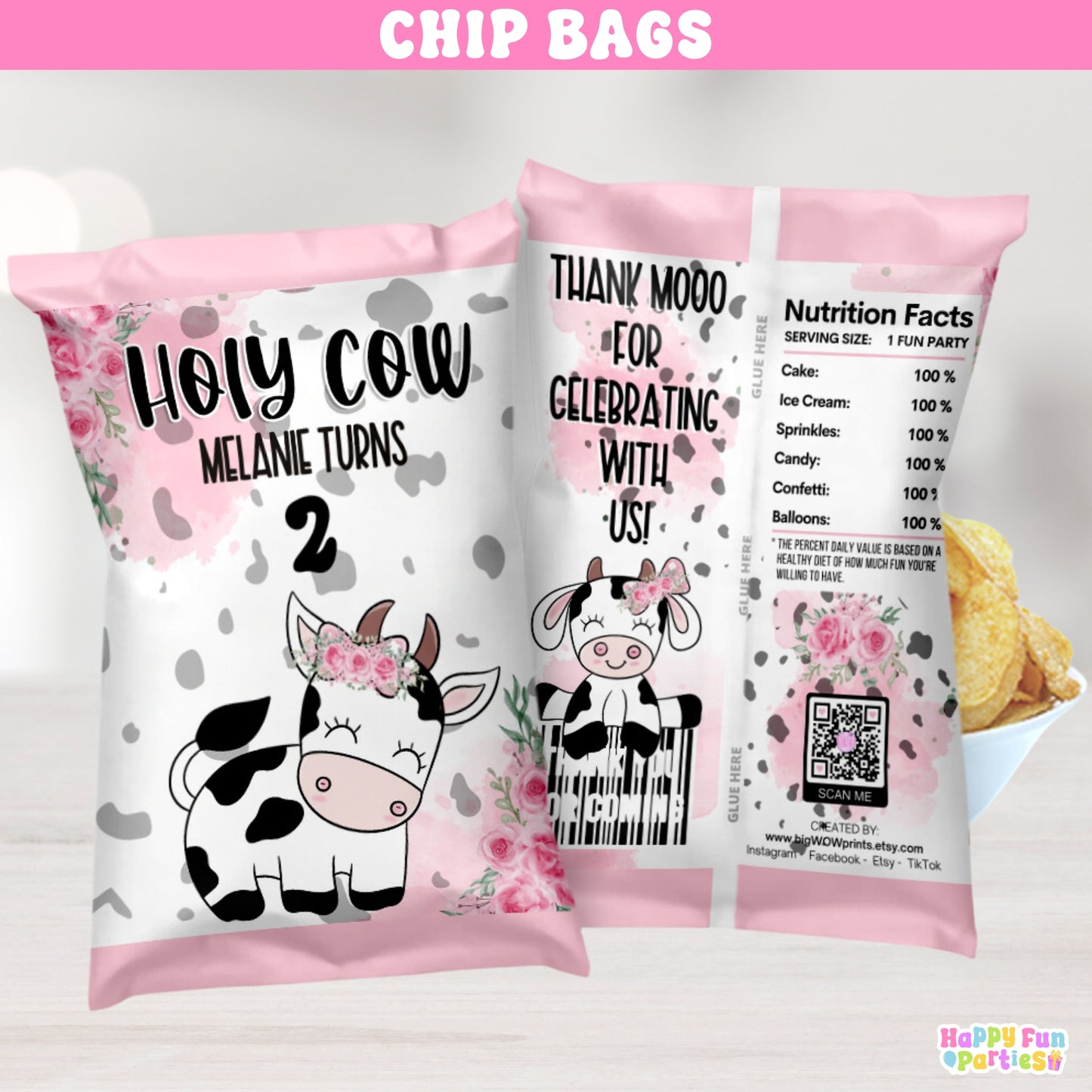 Holy Cow Themed Chip Bag Party Favors | Personalized Farm Party Treats