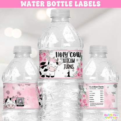 Holy Cow Themed Water Bottle Labels | Personalized Barnyard Party Decorations