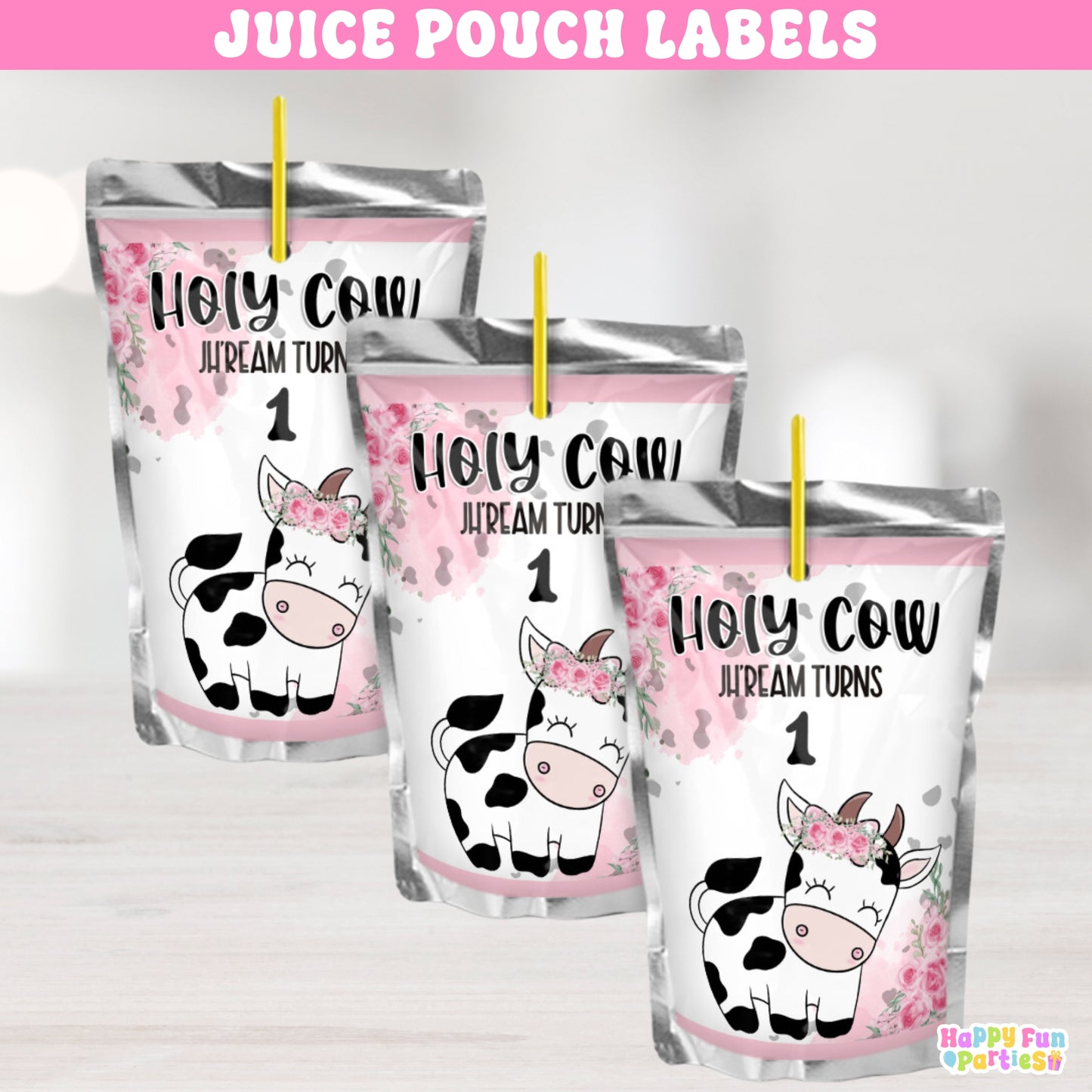 Holy Cow Themed Juice Pouch Label Stickers | Personalized Farm Party Supplies