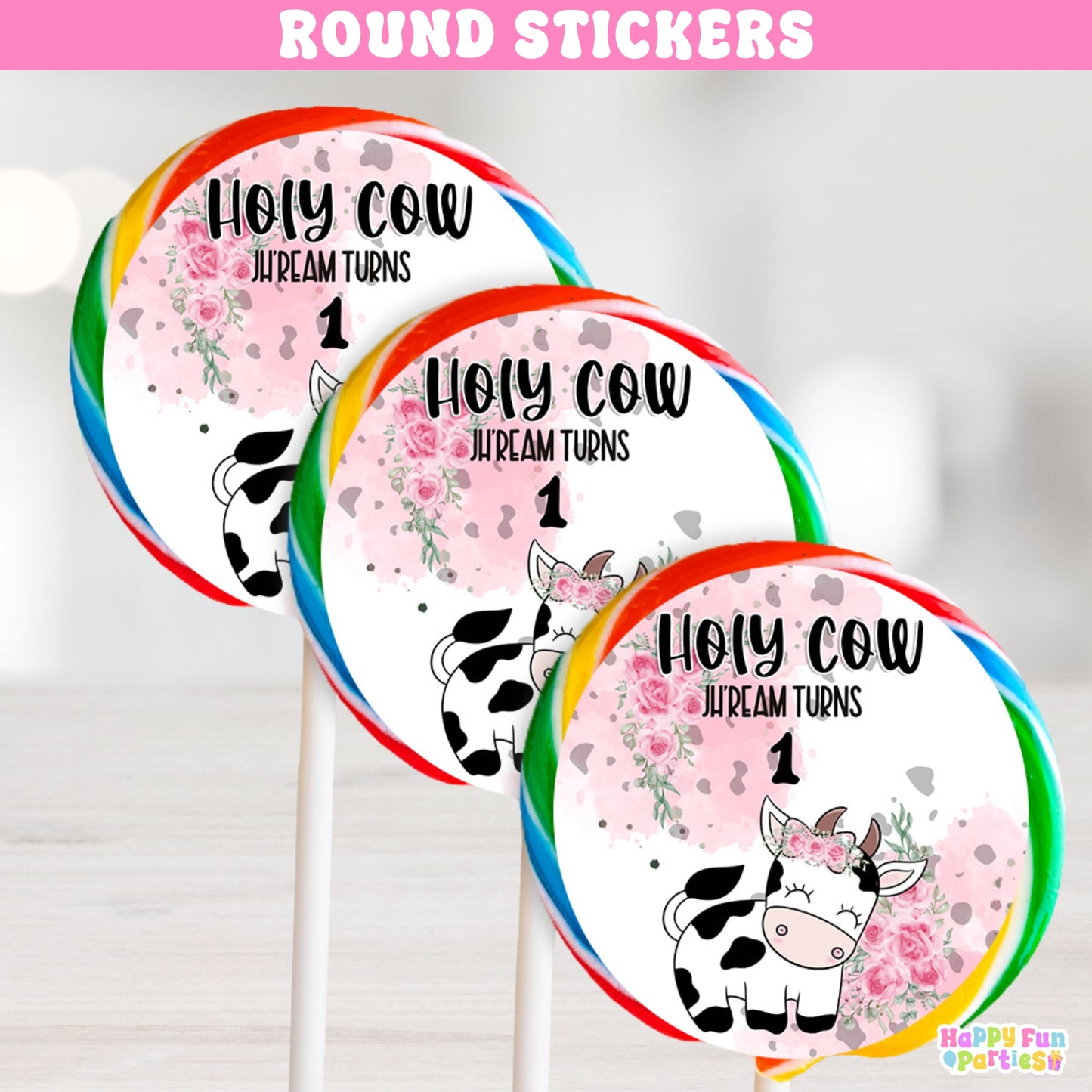 Holy Cow Themed Round Lollipop Sticker Labels | Personalized Farm Party Favors