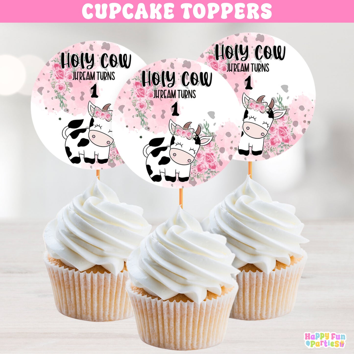 Holy Cow Themed Cupcake Toppers | Personalized Farm Party Decorations