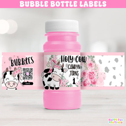 Personalized Holy Cow Bubble Bottle Label Stickers, Farm Animal Favors, Cow Print 1st Birthday Decor