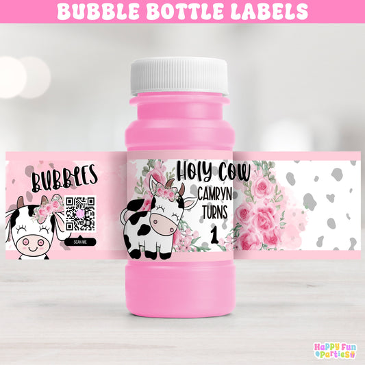 Personalized Holy Cow Bubble Bottle Label Stickers, Farm Animal Favors, Cow Print 1st Birthday Decor