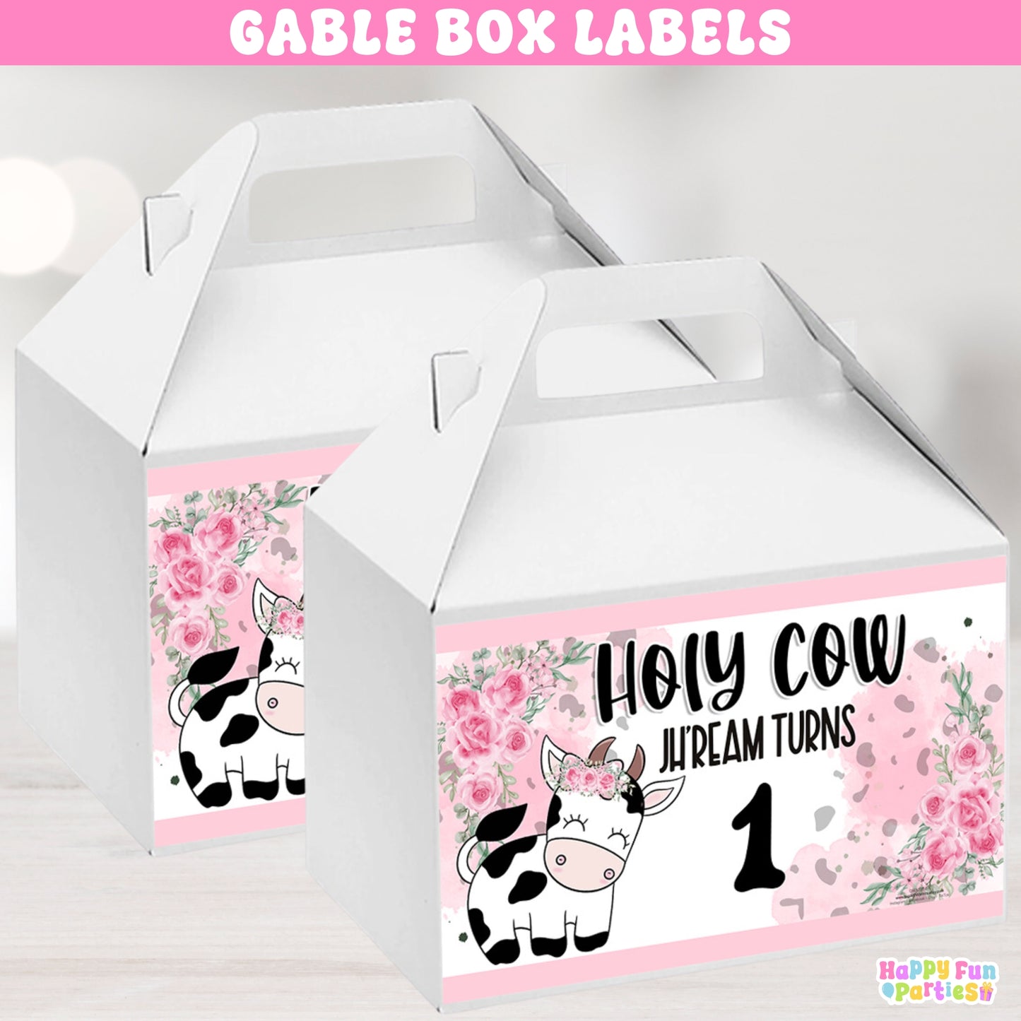 Holy Cow Themed Gable Box Label Stickers | Personalized Farm Party Favors | Cow Print | Pink Floral