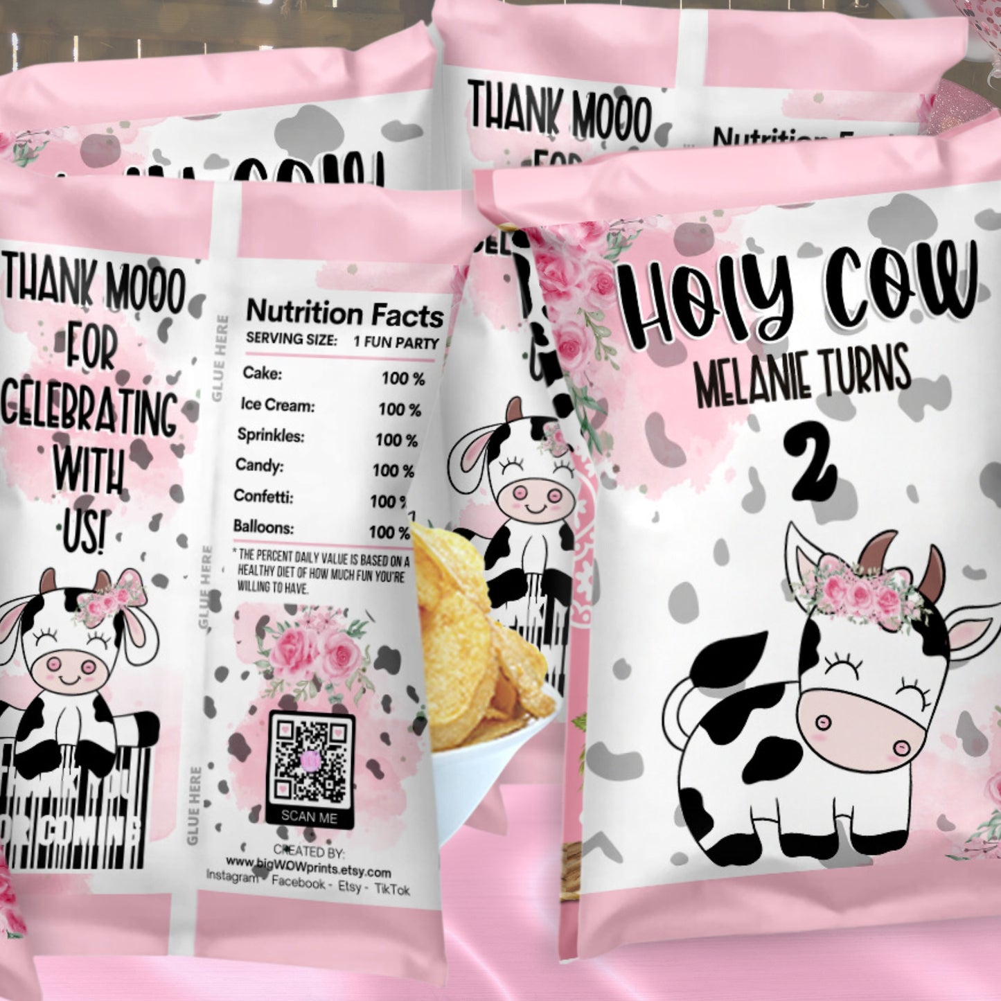 Holy Cow Themed Chip Bag Party Favors | Personalized Farm Party Treats