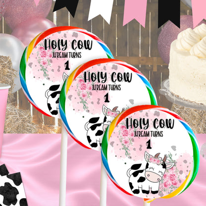 Holy Cow Themed Round Lollipop Sticker Labels | Personalized Farm Party Favors