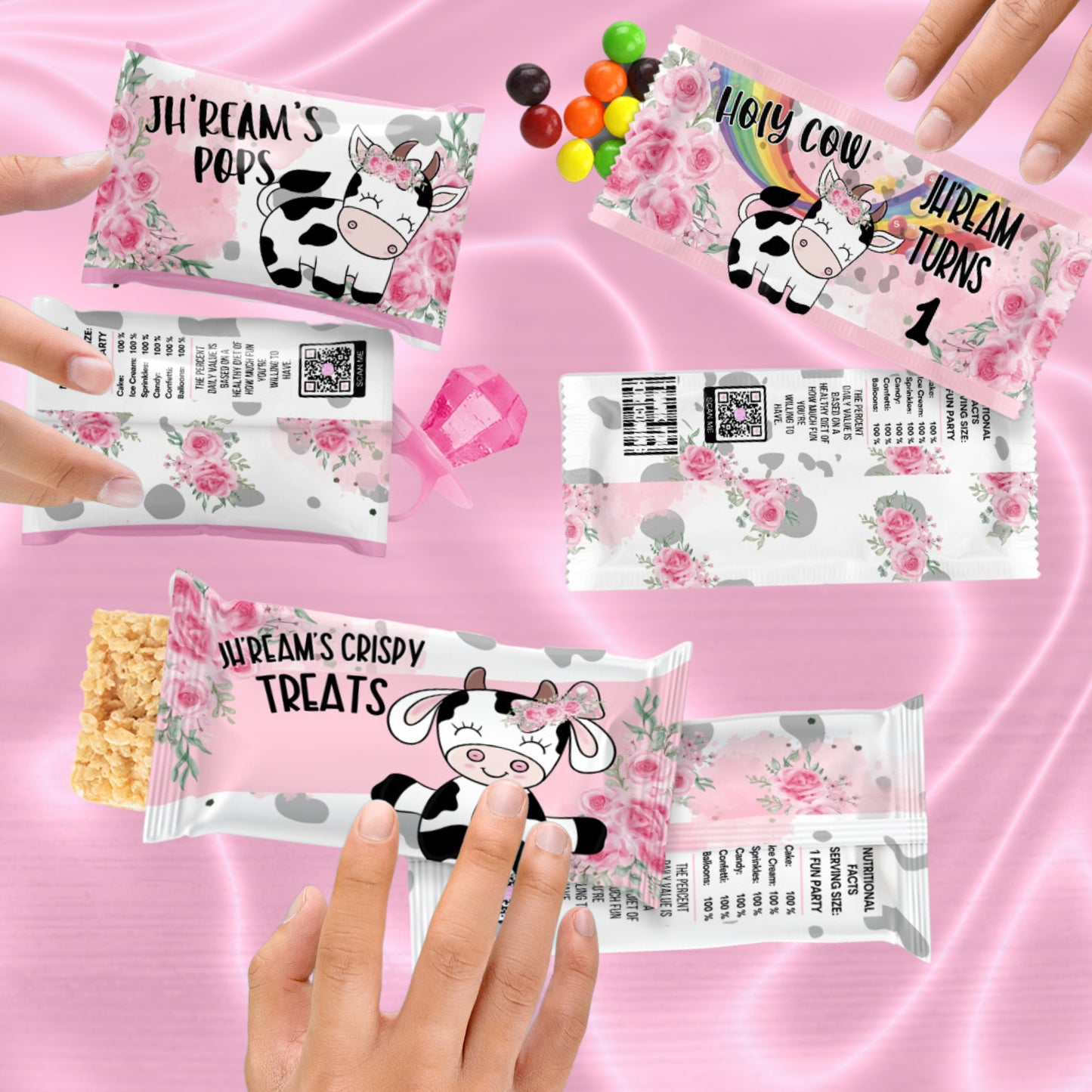 Holy Cow Birthday themed candy wrappers personalized to include the guest of honors name and age for a one-of-a- kind party! These adorable floral and cow print party favors are perfect for setting up your barn style table decorations.