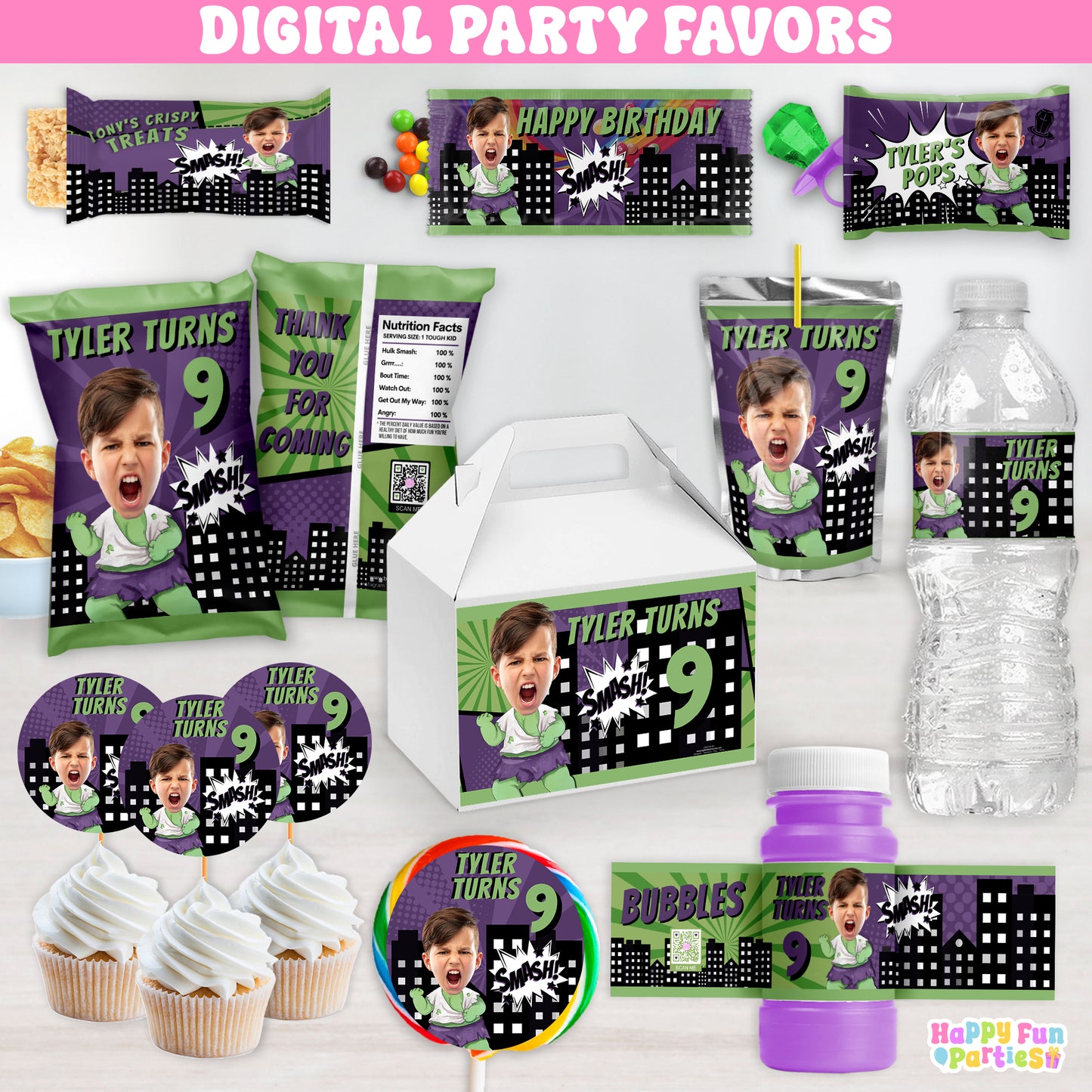 Digital Green Superhero Party Favors | Printable Snack Bags, Labels & Decorations