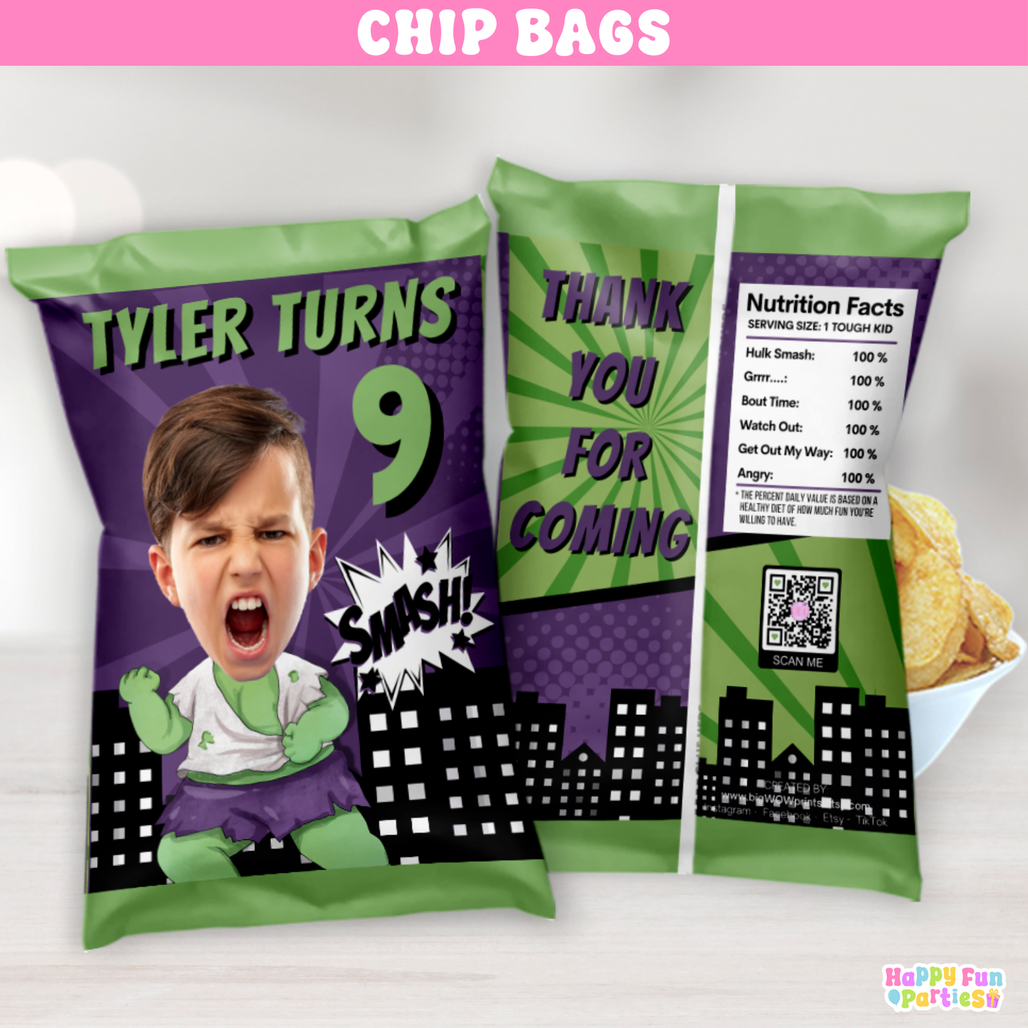 Personalized Green Superhero Snack Bags | Custom Comic City Party Favor