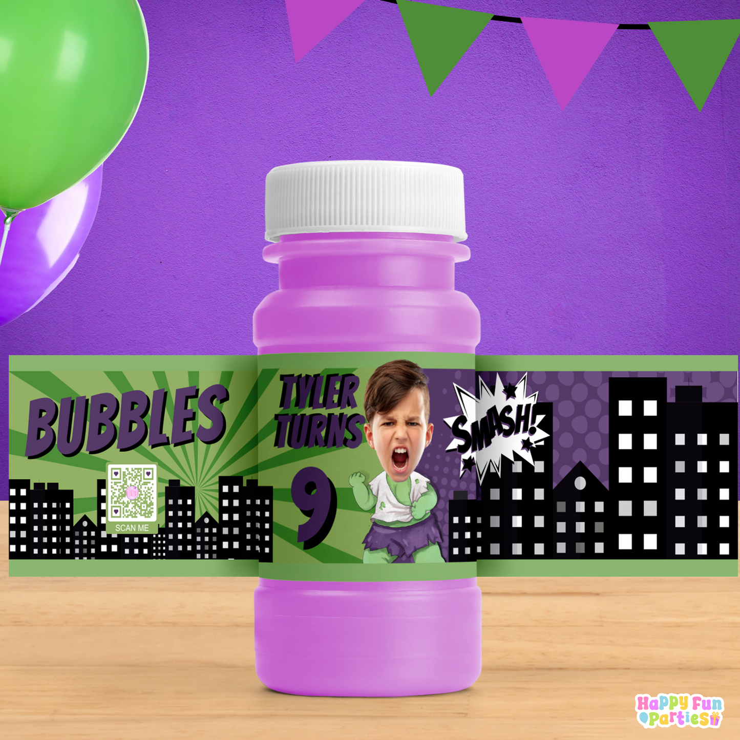 Personalized Green Superhero Bubble Bottle Labels | Comic Party Stickers