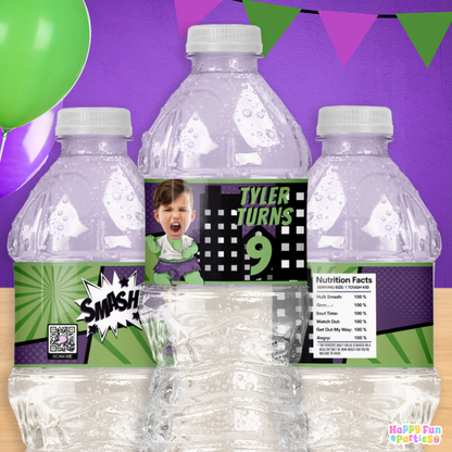 Green Smasher Hero Water Bottle Labels | Personalized Comic Party Stickers