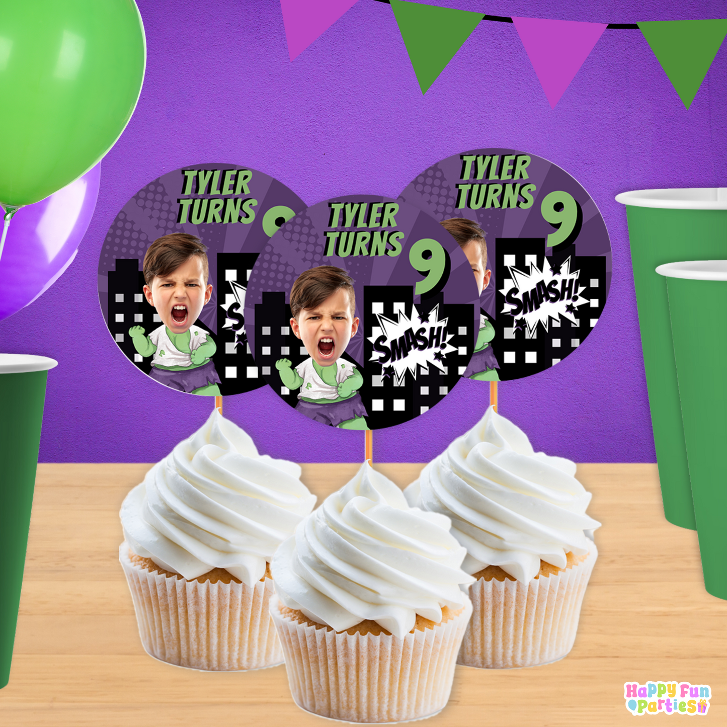 Green Superhero Cupcake Toppers | Personalized Comic Party Decorations