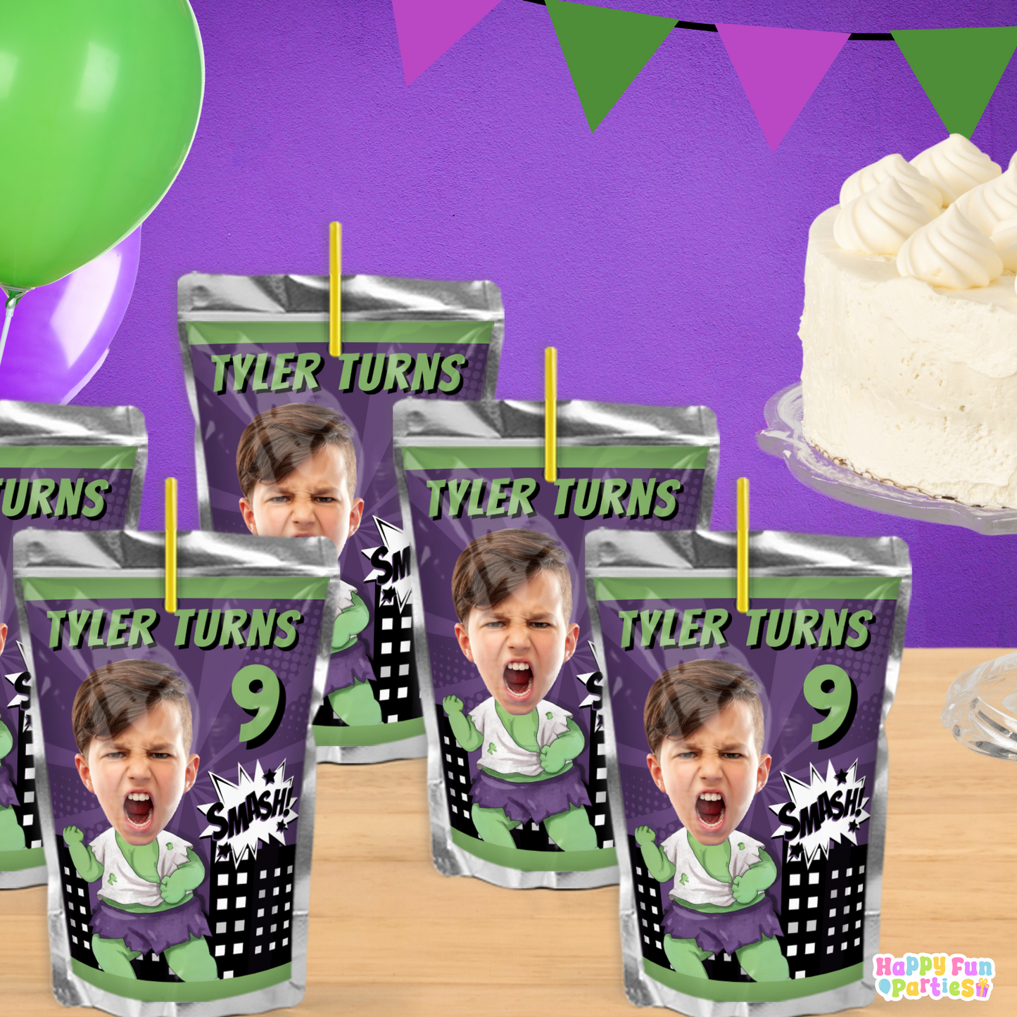 Custom Green Smasher Hero Juice Labels | Personalized Birthday Drink Stickers