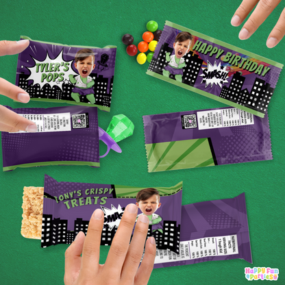 Digital Green Superhero Party Favors | Printable Snack Bags, Labels & Decorations